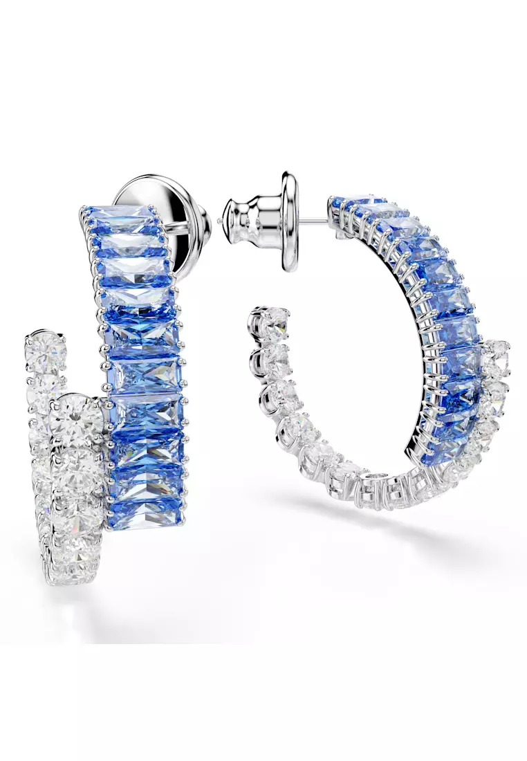 Matrix hoop earrings, Mixed cuts, Blue, Rhodium plated