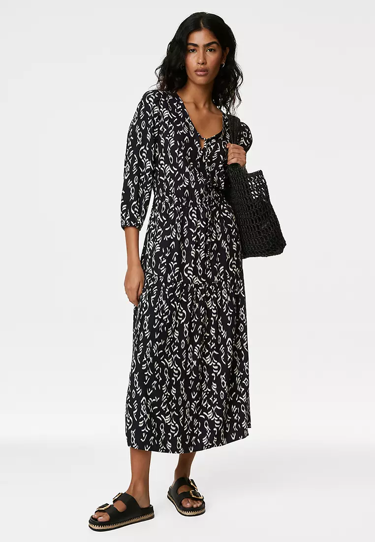 Printed Tie Neck Midi Tiered Dress