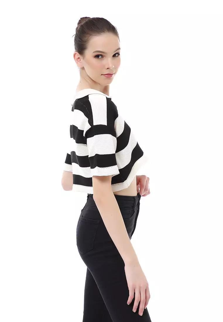 Albertine Atasan Crop Wanita Lengan Pendek Motif Salur Material Rajut ORIGINAL - Black