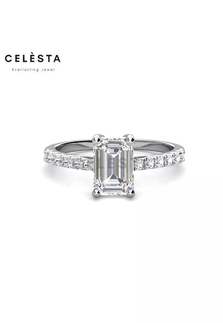 Berlian Moissanite Le Cleavon Emerald Cut Ring [GRA CERTIFICATE MOISSANITE DIAMOND] - Cincin 2CT  Moissanite Diamond 925 Silver Celesta by Her Jewellery