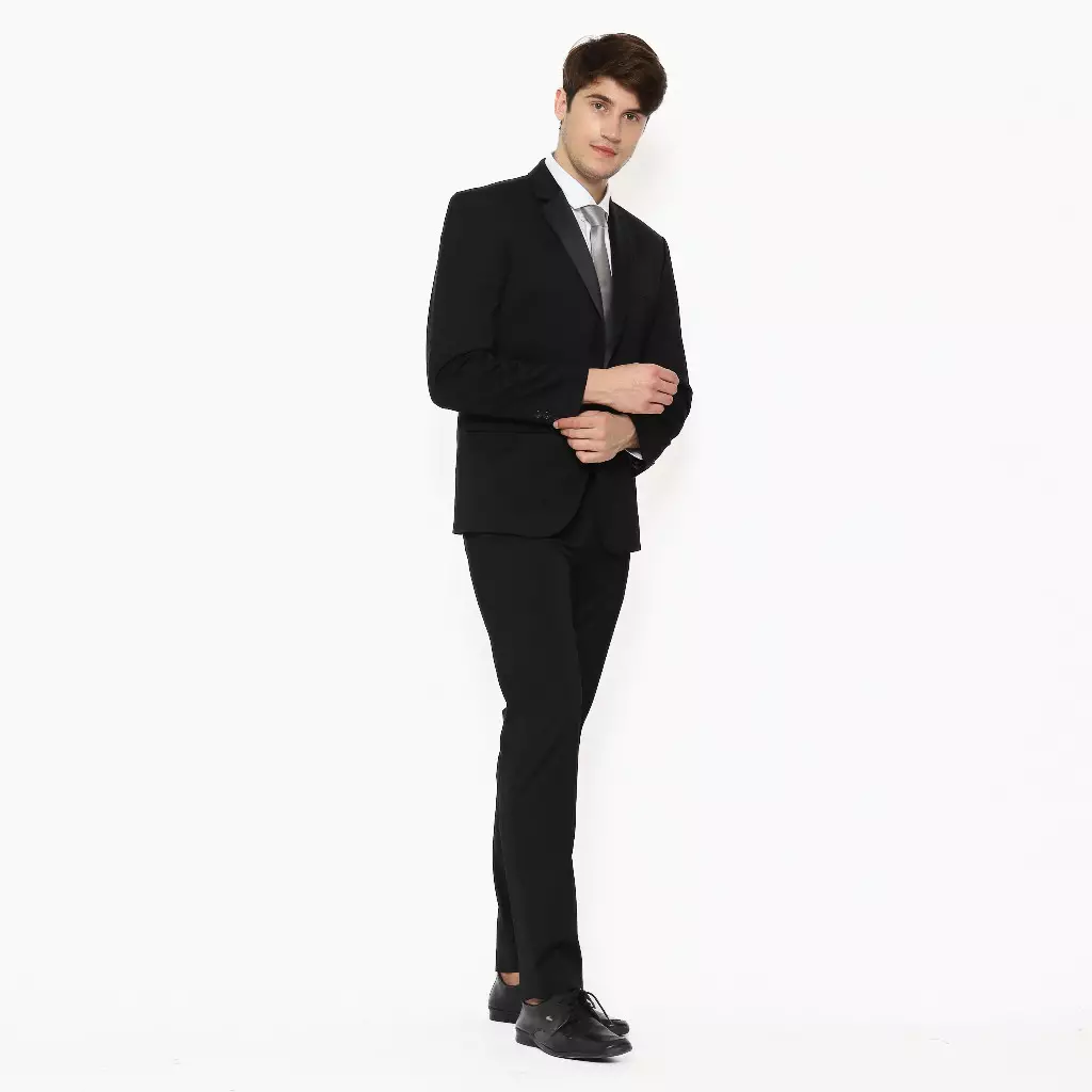 Lawell Jas Pria Hitam Tuxedo Formal Elegan – Regular Fit | Polyester Viscose Stretch | Motif Twill Kecil | Kancing 1 | TUXEDO