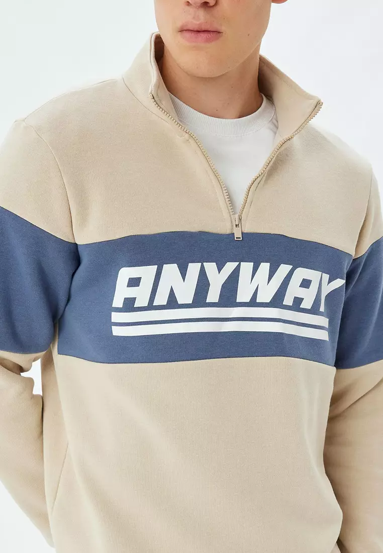 Slogan Printed Sweatshirt Half Zipper Color Block Cotton Blend