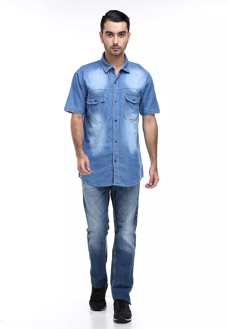 Dwan Baju Kemeja Pria Lengan Pendek Casual Shirt Two Pockets Material Jeans ORIGINAL - Blue