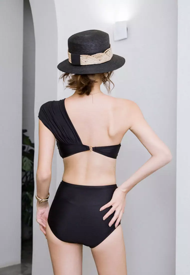 Slant Shoulder Split High Waist Two Piece Swimsuit CA071701BK
