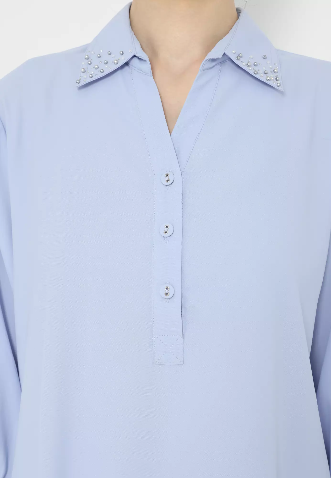 Plain Shirt With Pearl Detail In Soft Blue By Brilliant Girl Warna BIRU