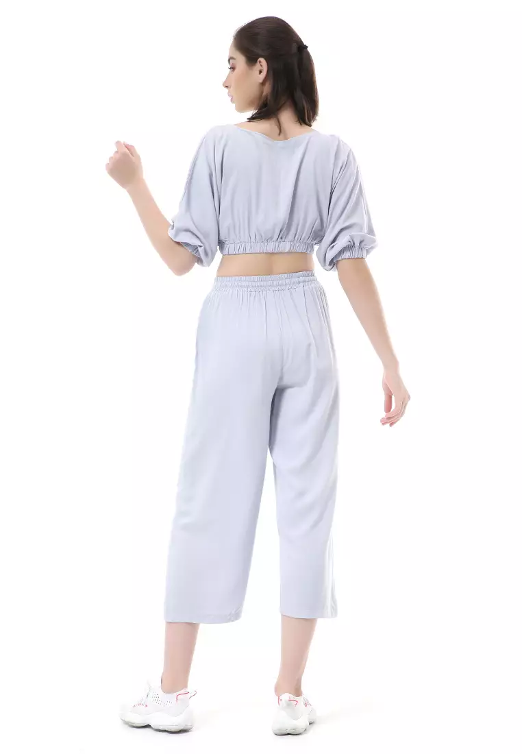 Nayra One Set Setelan Wanita Atasan Crop Lengan 3/4 Celana Kulot Material Rayon ORIGINAL - Bluegray