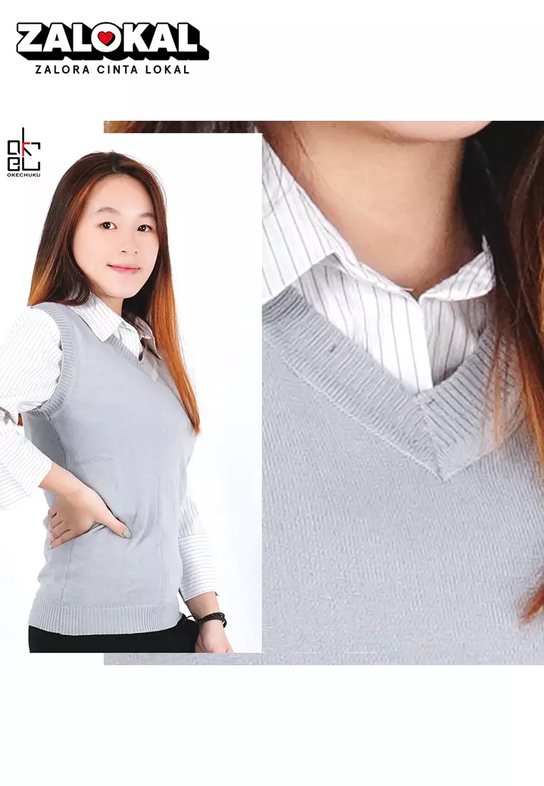 OKECHUKU Rompi Rajut Wanita Model Polos V Neck Knit Vest Rompi Seragam Sekolah