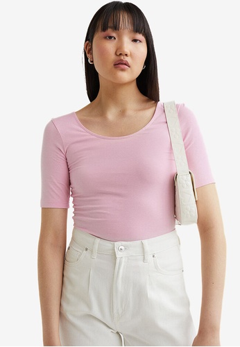 H&M pink Low-Necked Cotton Top FCF43AA971CA82GS_1