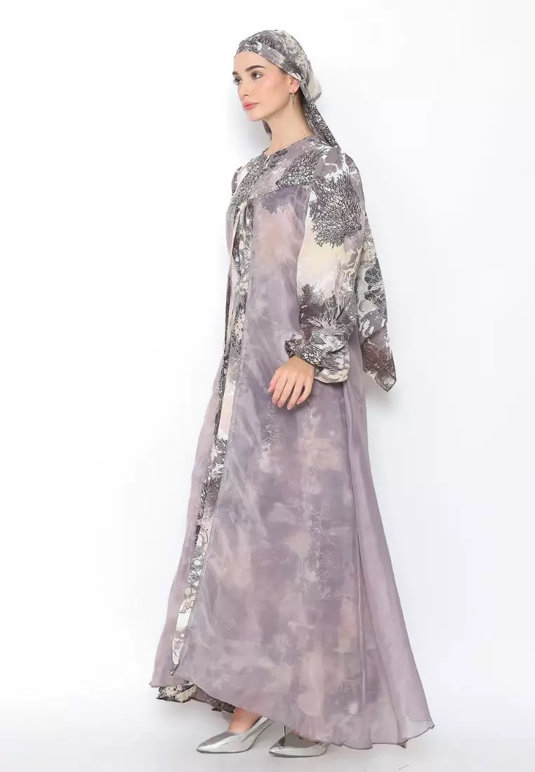 Rinjanie x Senorita  - Gamis Rosslen Cokelat - Gamis Set Scarf Raya - Gamis Set - Gamis Printing Mix Organza - Dress Raya - Dress mix organza - GMKY - CT