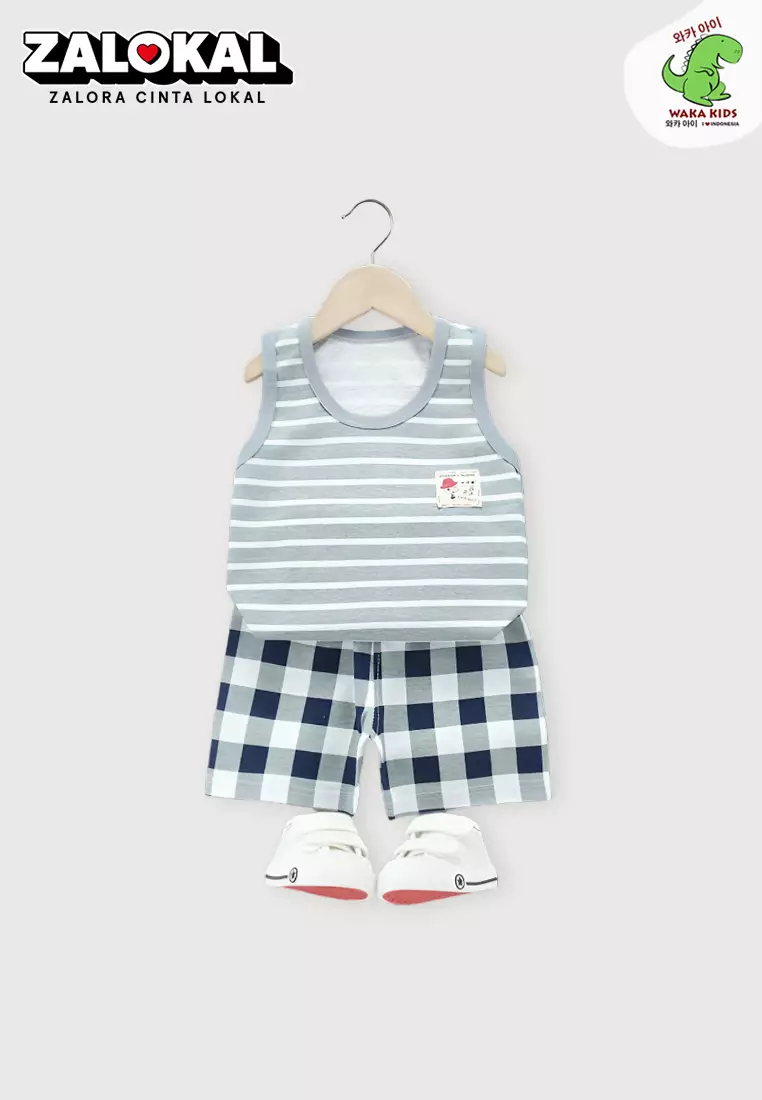 Wakakids Setelan Bayi Baju Anak Singlet Kutung Set Celana Kaos Pendek Motif Salur Abu 4421 Venrz