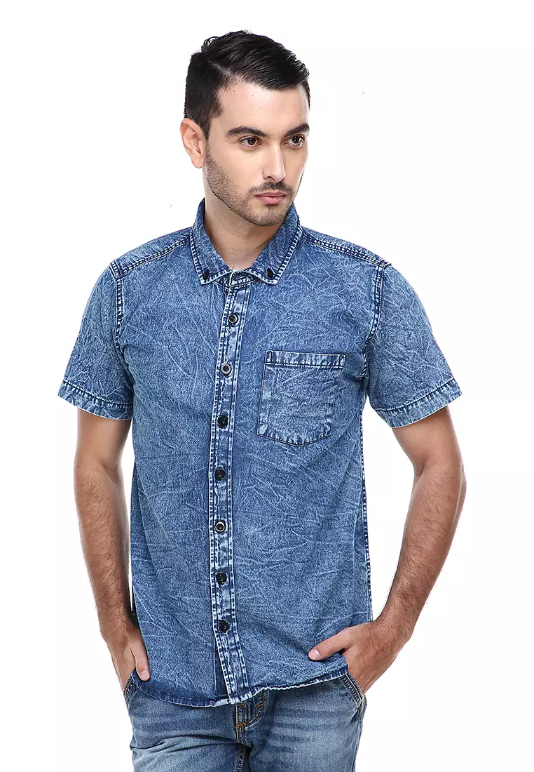 Dwan Shirts Kemeja Jeans Sandwash Kasual Model Slim Fit Material Denim ORIGINAL - Light Blue