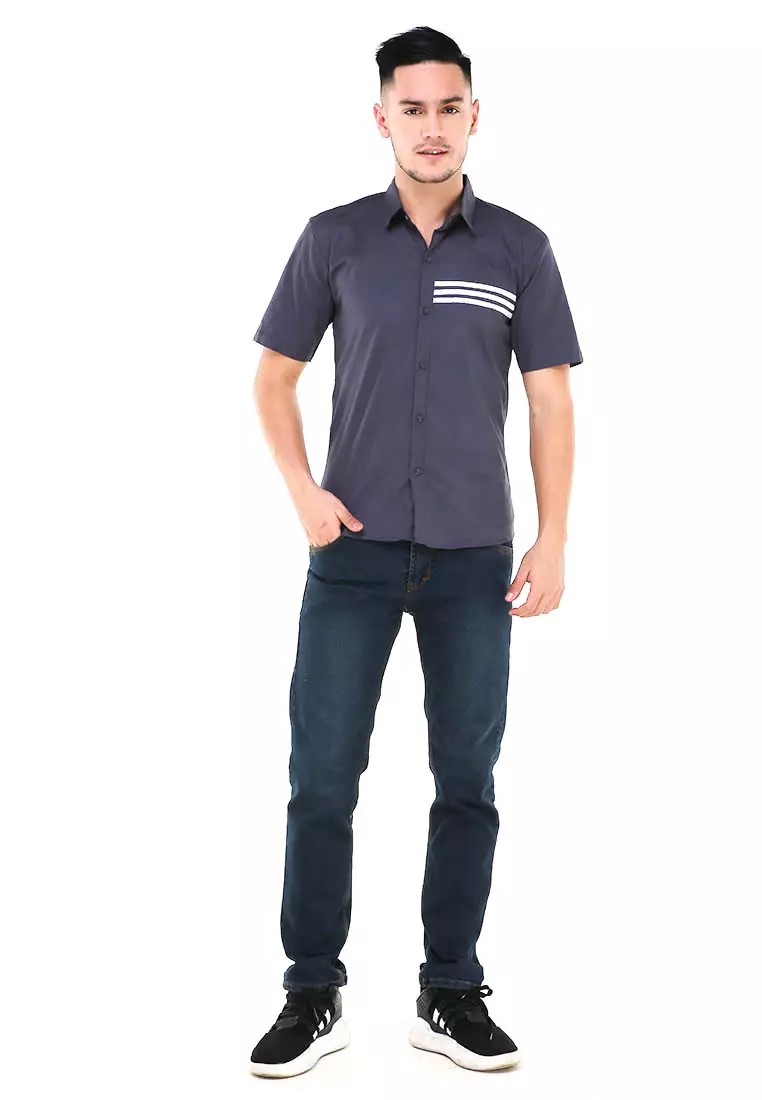 Dwan Atasan Kemeja Pria Three Lines Slim Fit Casual Shortsleeve Shirt Material Cotton ORIGINAL - Gray