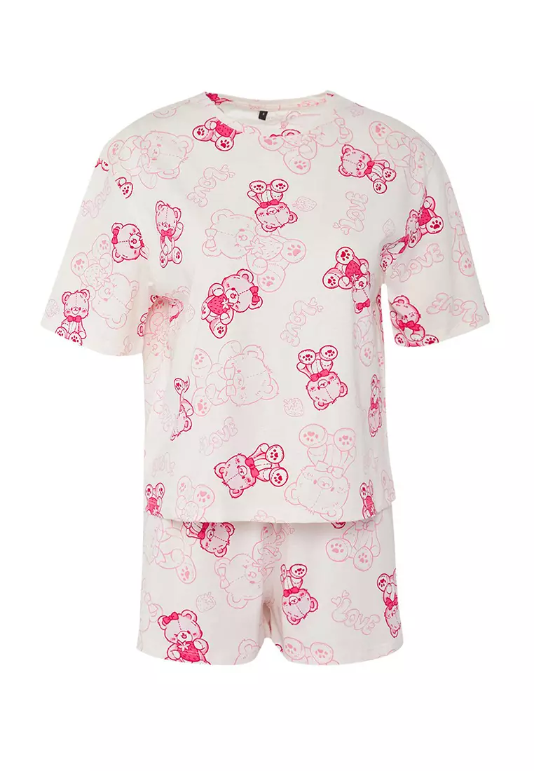 Pink 100% Cotton Teddy Bear Shorts Knitted Pajama Set THMSS25PT00367