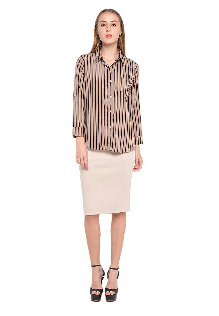 Chalon Midi Skirt Motif Solid Design Casual Bawahan Wanita - Cream