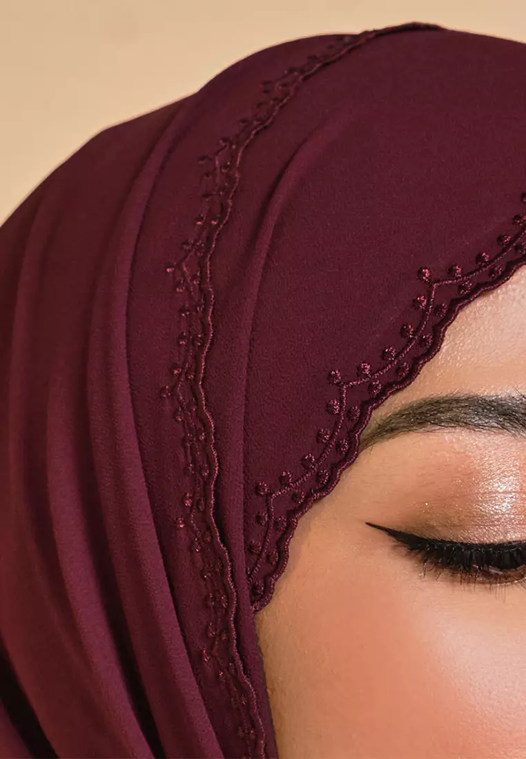 Tanuja Embroidered Scallop Headscarf - Deep Wine
