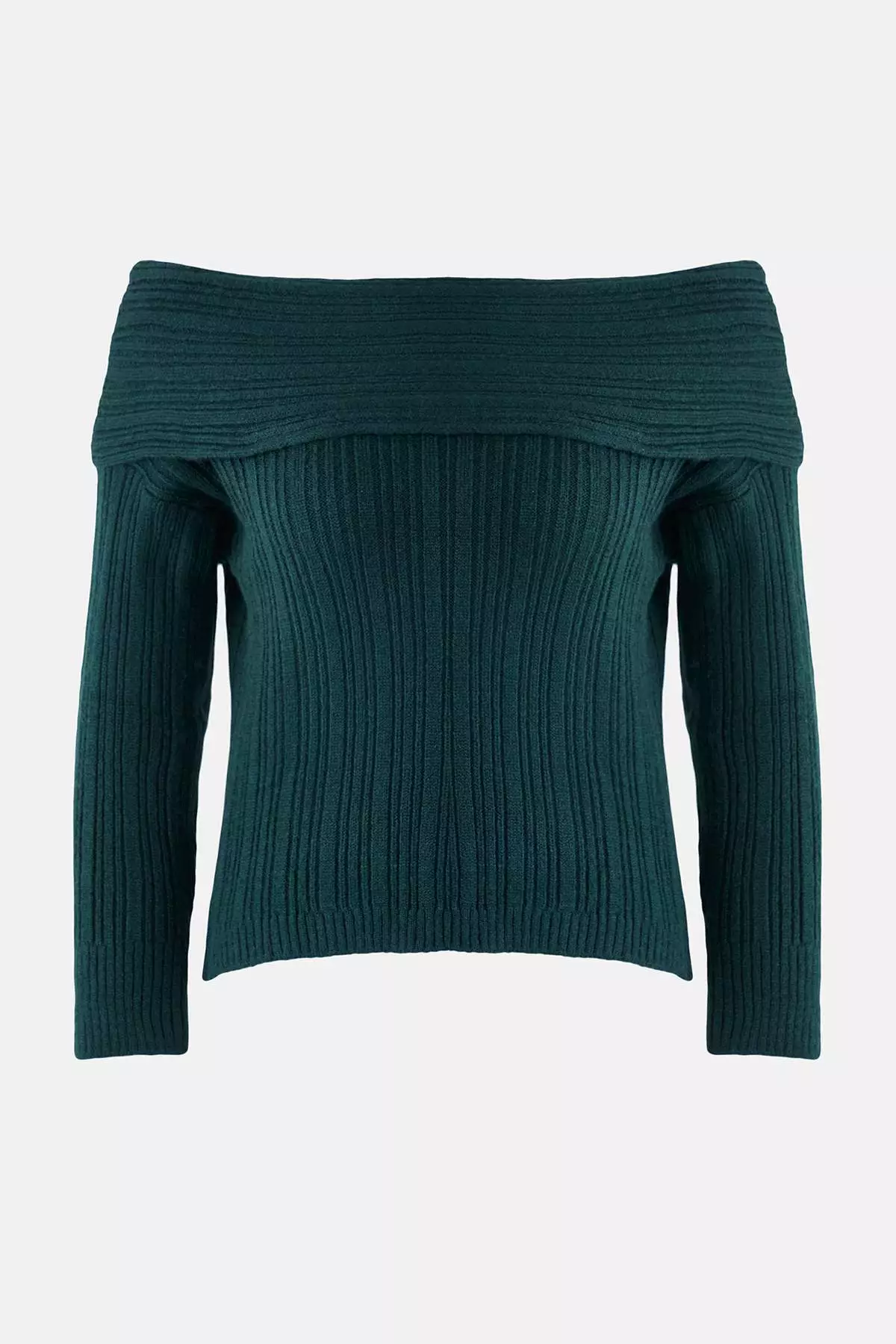 Emerald Green Soft Textured Carmen Collar Knitwear Sweater