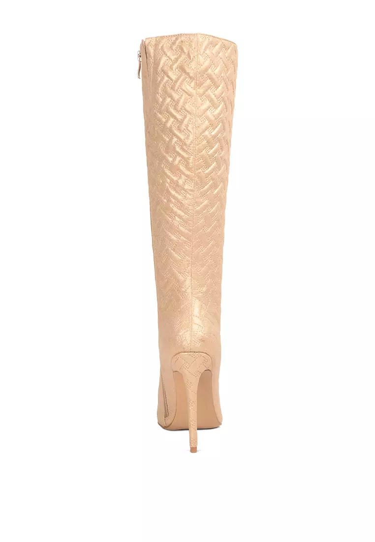 Beige tinkles quilted high heeled calf boots