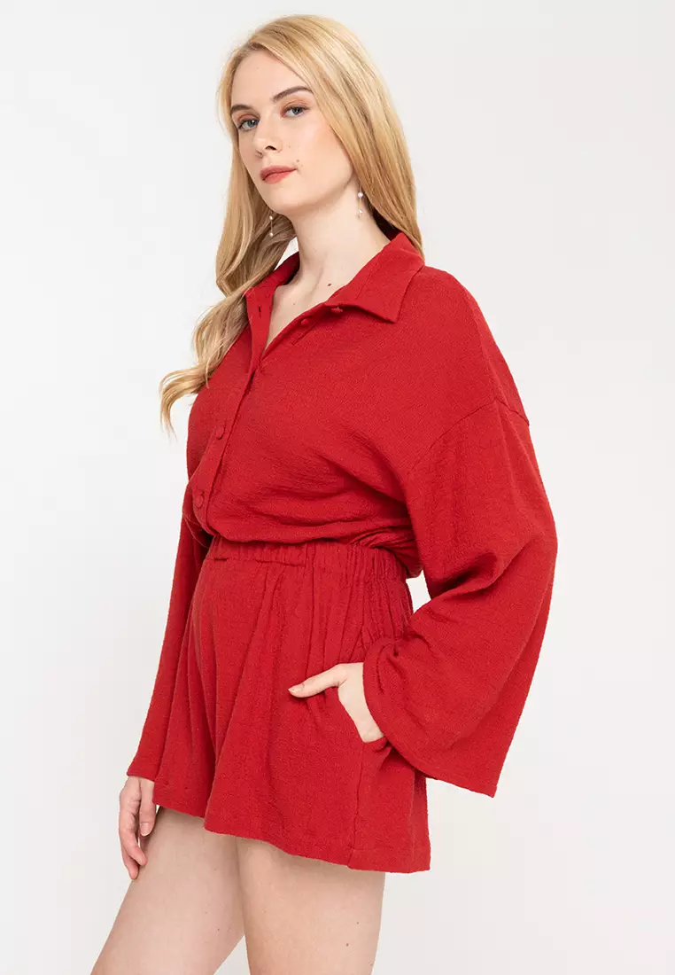 Long sleeve red playsuit deals