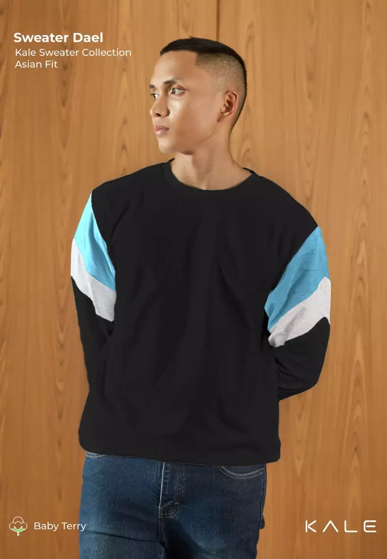 Kale Dael Black Dusty Blue/ Sweater Pria Bahan Baby Terry Premium Kombinasi