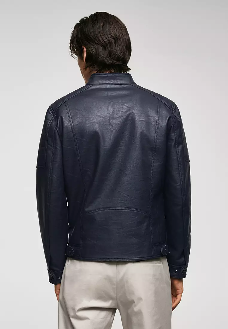 Mango blue leather jacket clearance