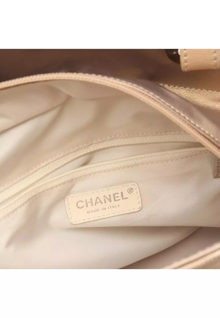 Pre-Loved Chanel Paris Biarritz PM Handbag tote bag Coated canvas leather Champagne Gold beige silver hardware