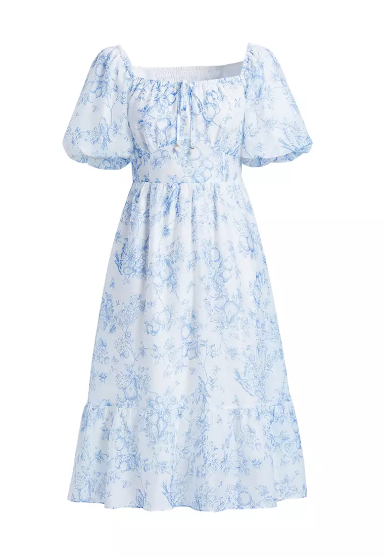 Square Neck Puff Sleeve Blue Floral Summer Dress