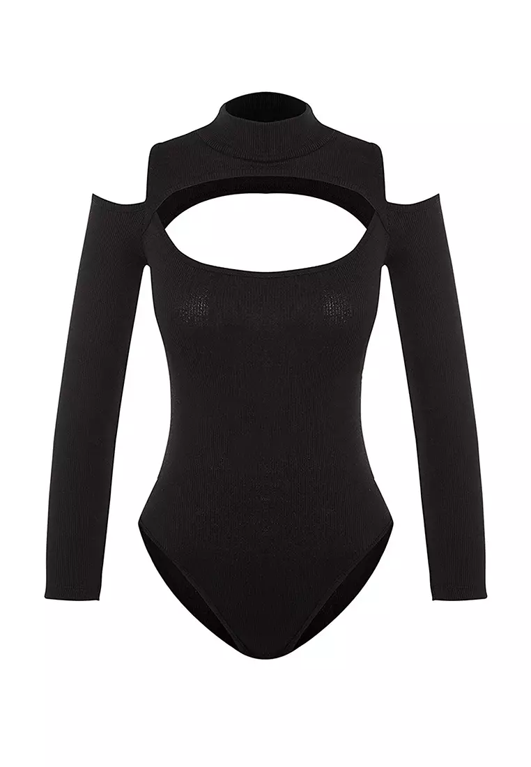 Boohoo Black Crepe Square Neck Short Sleeve Bodysuit