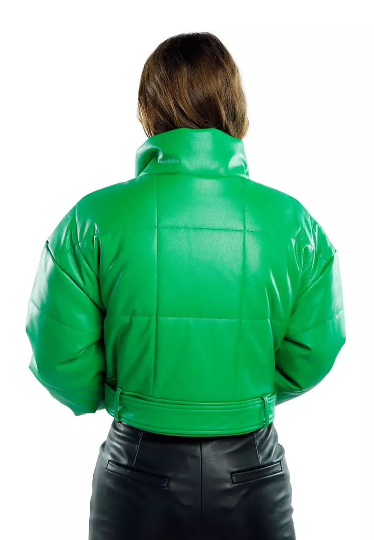 Bright Green Cropped Belted Puffer Jacket