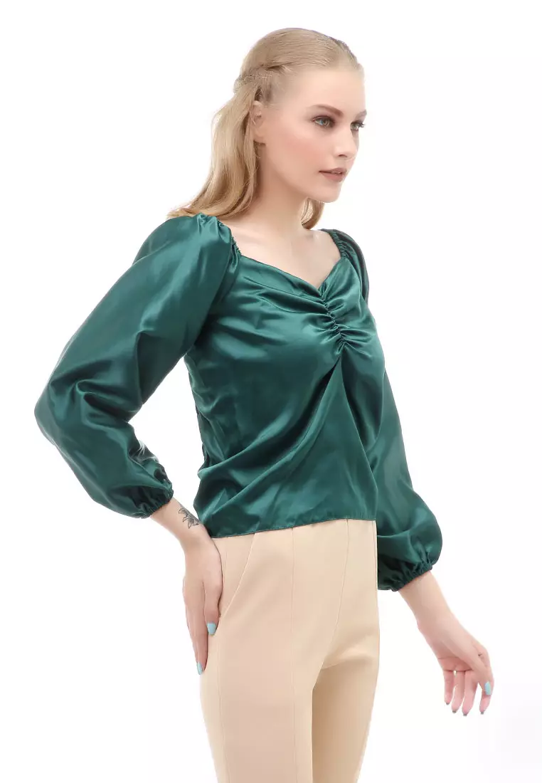 Cheva Blouse Casual Wanita Sabrina Kerut Dada Lengan Panjang Material Satin ORIGINAL - Green Bottle