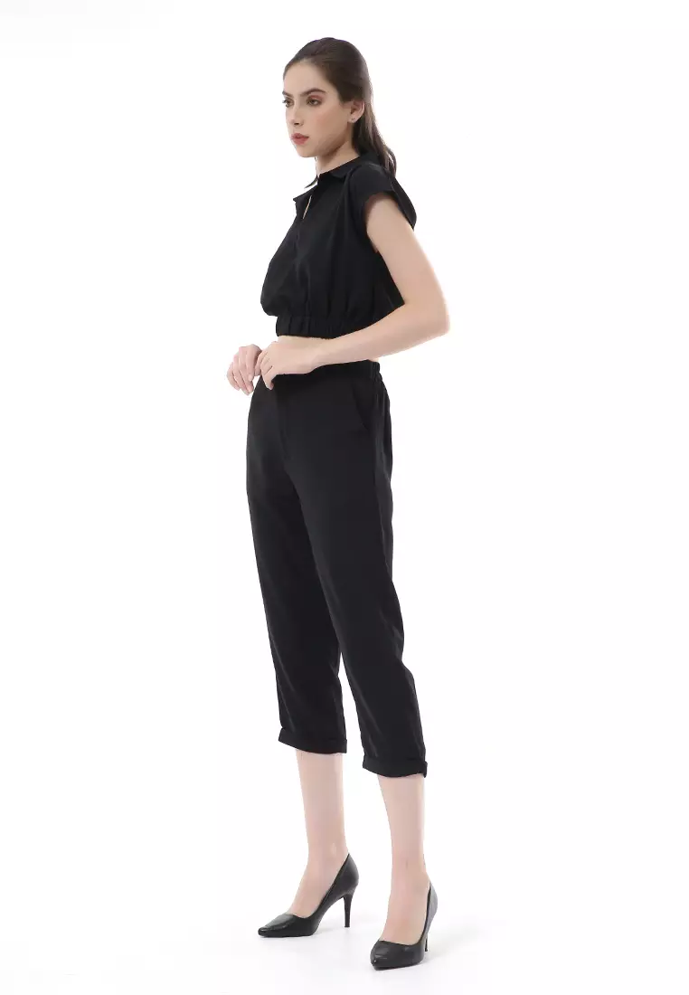 Nayra One Set Setelan Atasan Crop Karet Lengan Pendek Basic Pants Wanita Material Dolce ORIGINAL - Black