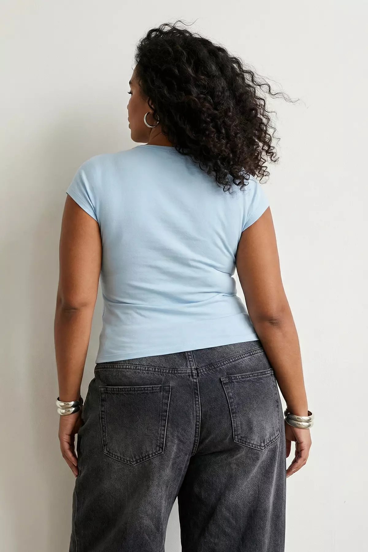 Light Blue Viscose Ribbed Flexible Comfortable Basic Knitted Plus Size Blouse Tbbss26Af00053