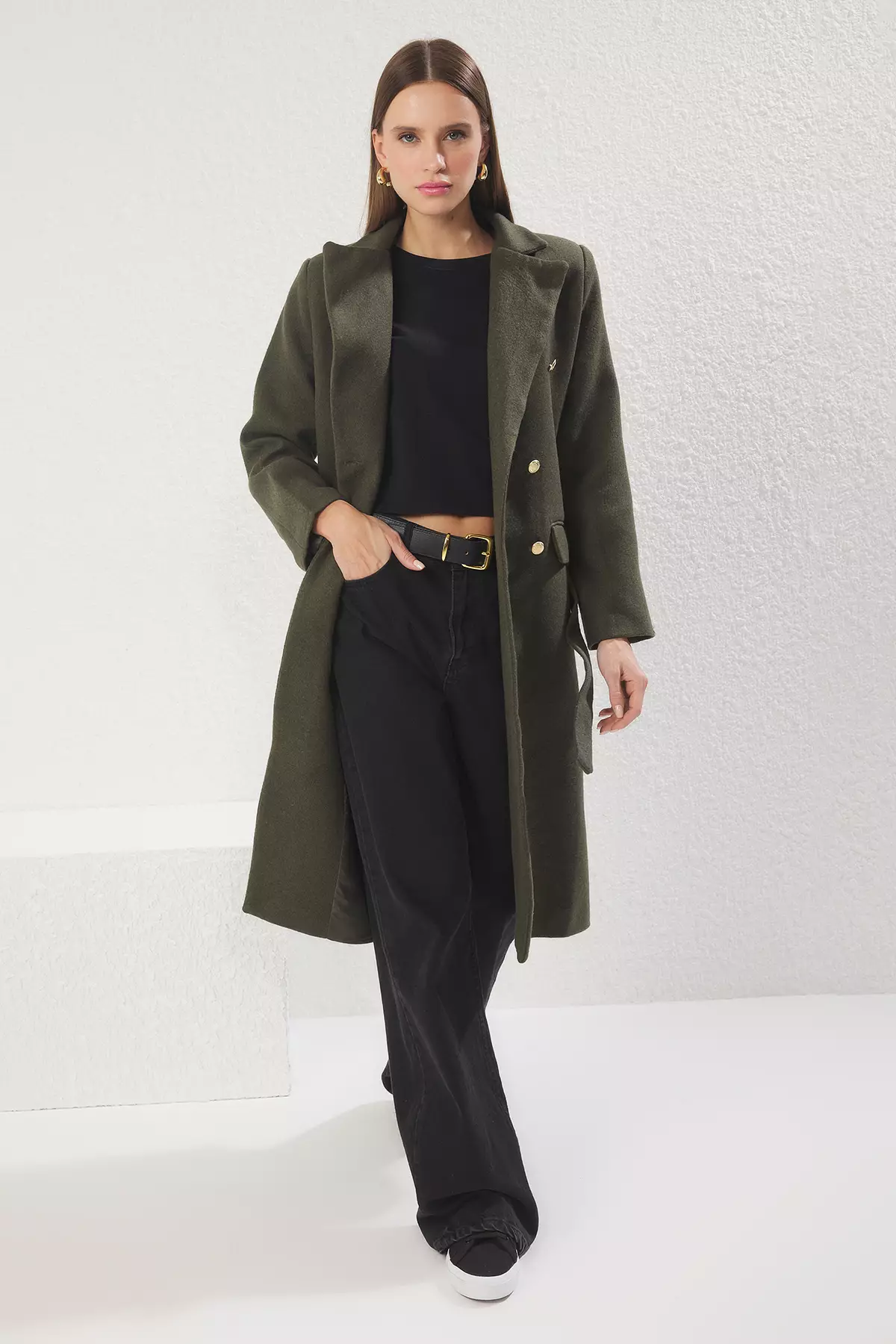 Khaki Fitted Belted Gold Buttoned Long Wool Cashmere Coat TWOAW23KB00018