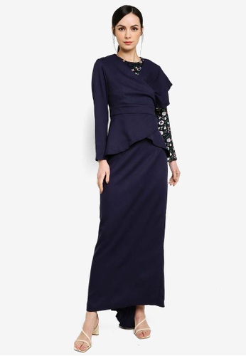Asymmetrical Sleeves Kurung Set from Lubna in Navy