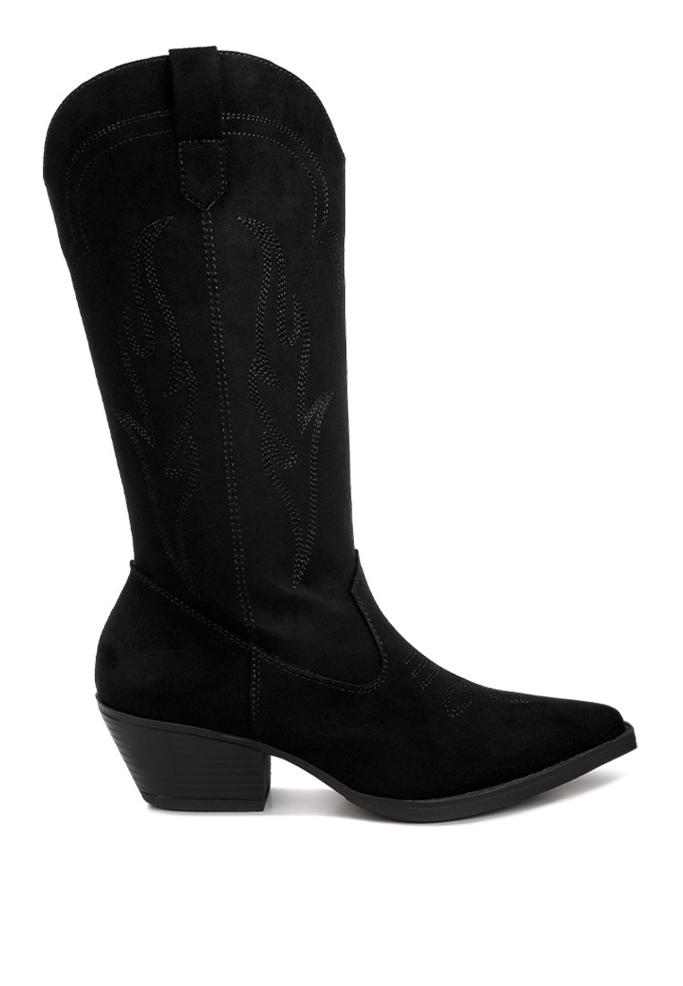 Black Embroidered Calf Boots