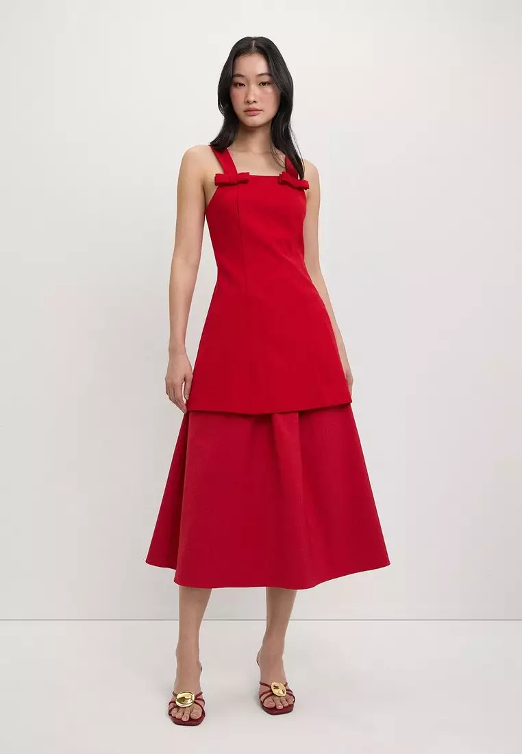 Bow Square Neck Dress - Red