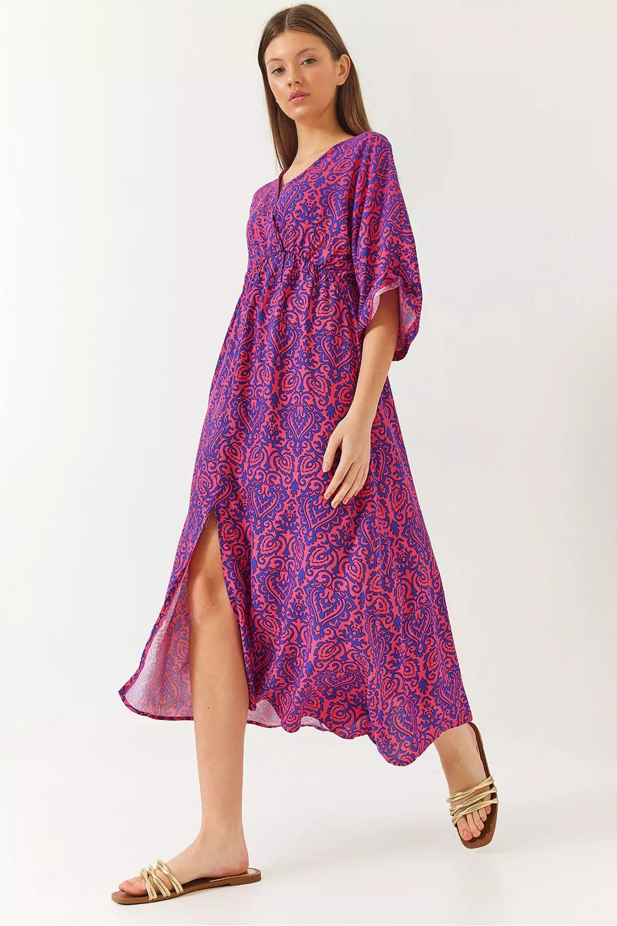 Women's Double Breasted V Neck Front Slit Detail Print Dress 60261411