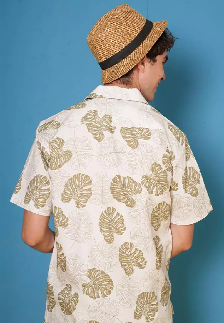 Kemeja Ethan White Lengan Pendek Hawaiian Rouffe Leaf