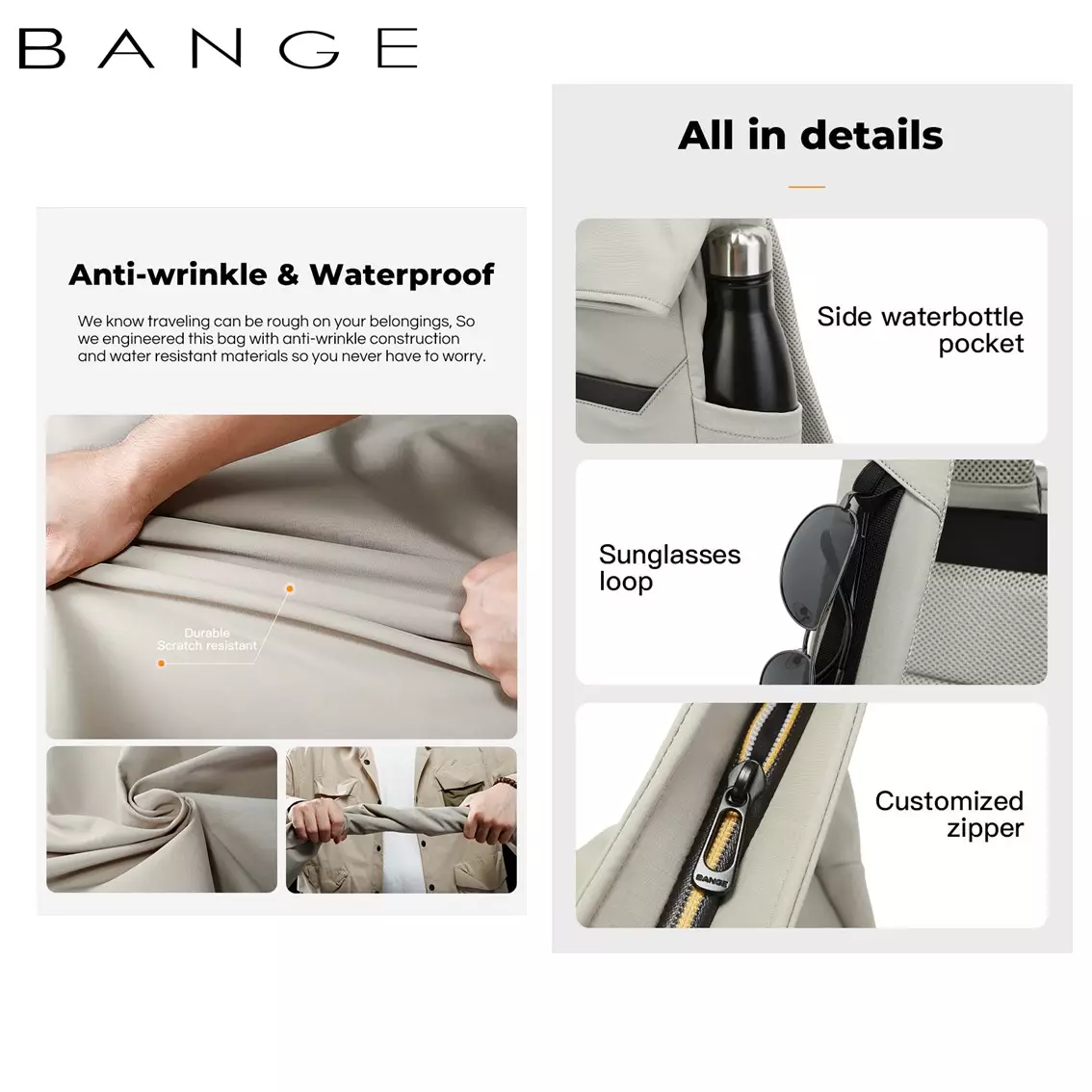 BANGE BG3126 Tas Ransel pria Laptop Kerja Backpack Pria Ringan Waterproof 15.6 Inch- Grey