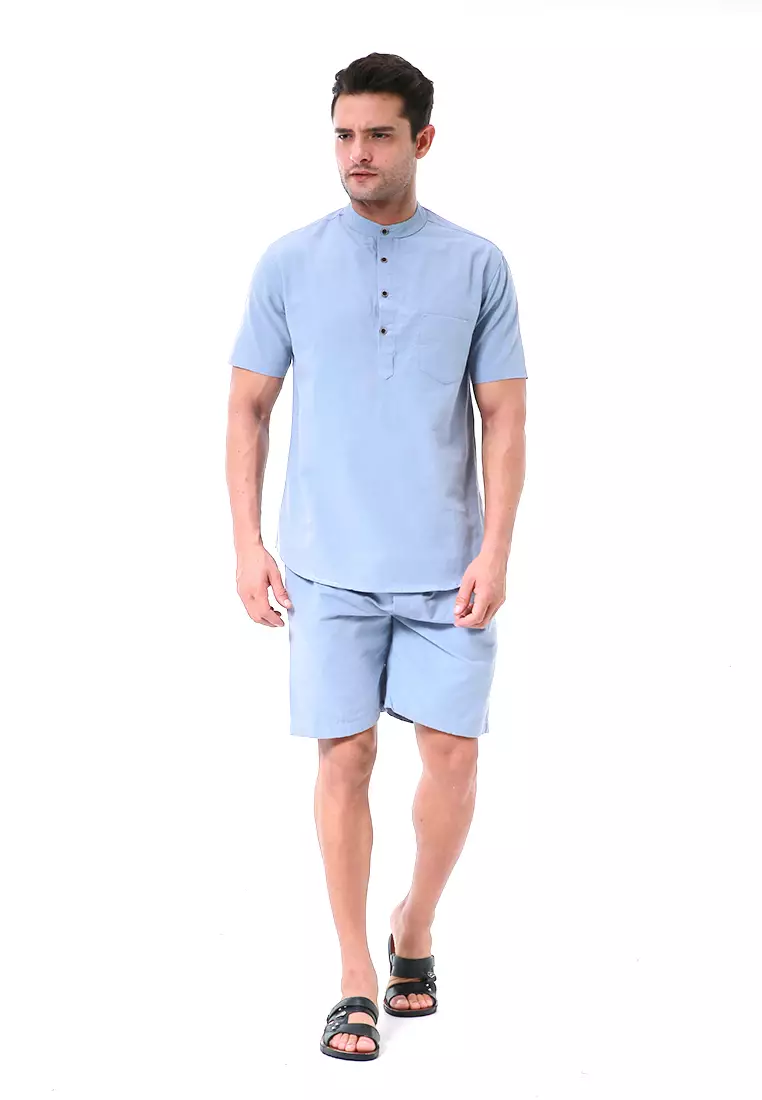 Vincent Kurta Set Pendek Motif Polos Setelan Pria Short Sleeve Material Cotton ORIGINAL - Gray