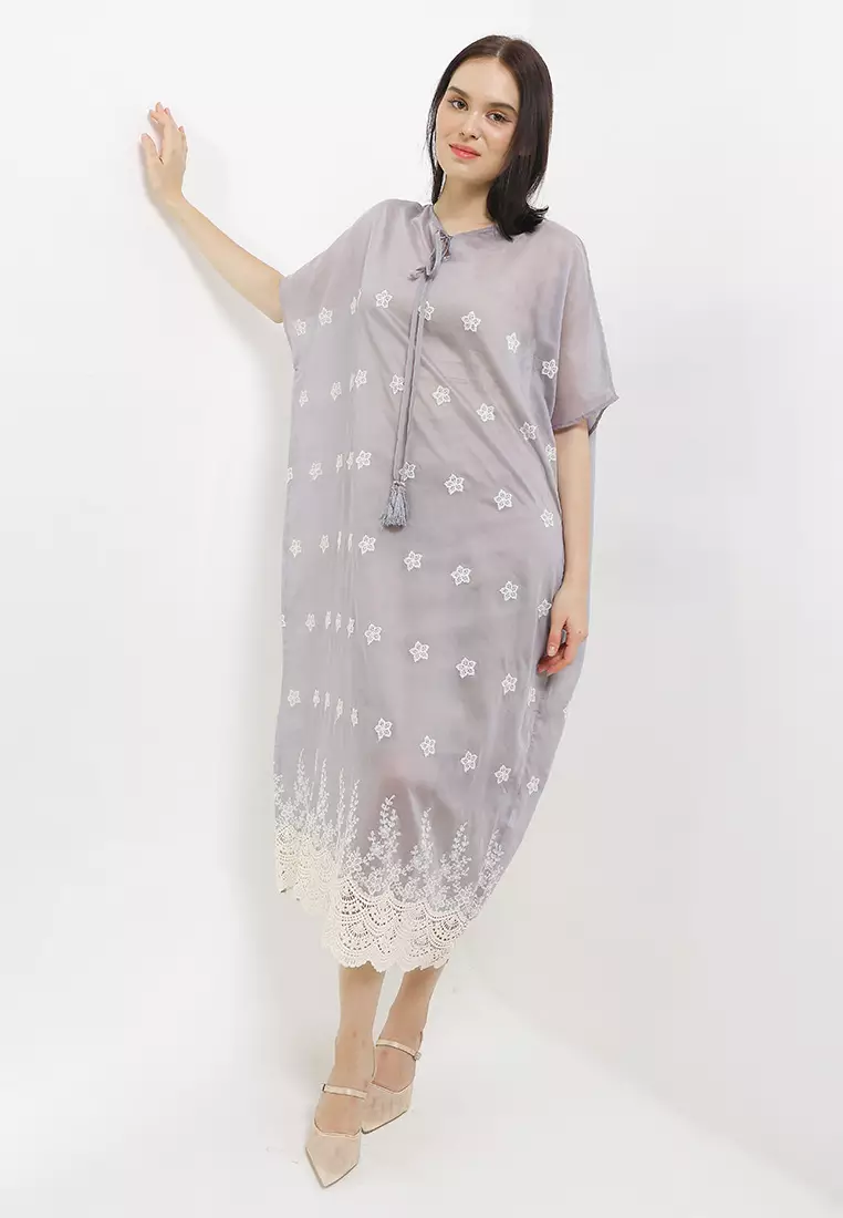 Beaded Tassel Flo Emb Kaftan W/ Lace Hem