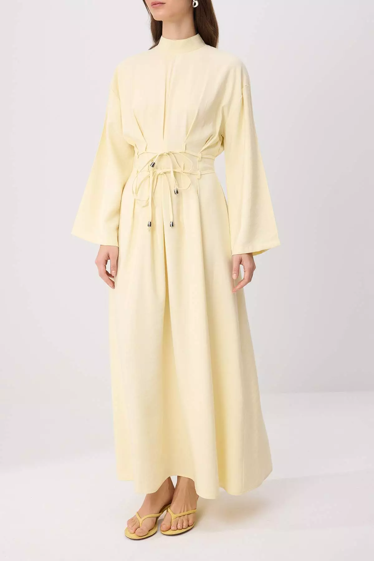 Light Yellow Double Layer Lace Detail Maxi Woven Hijab Dress Tctss26Eb00177