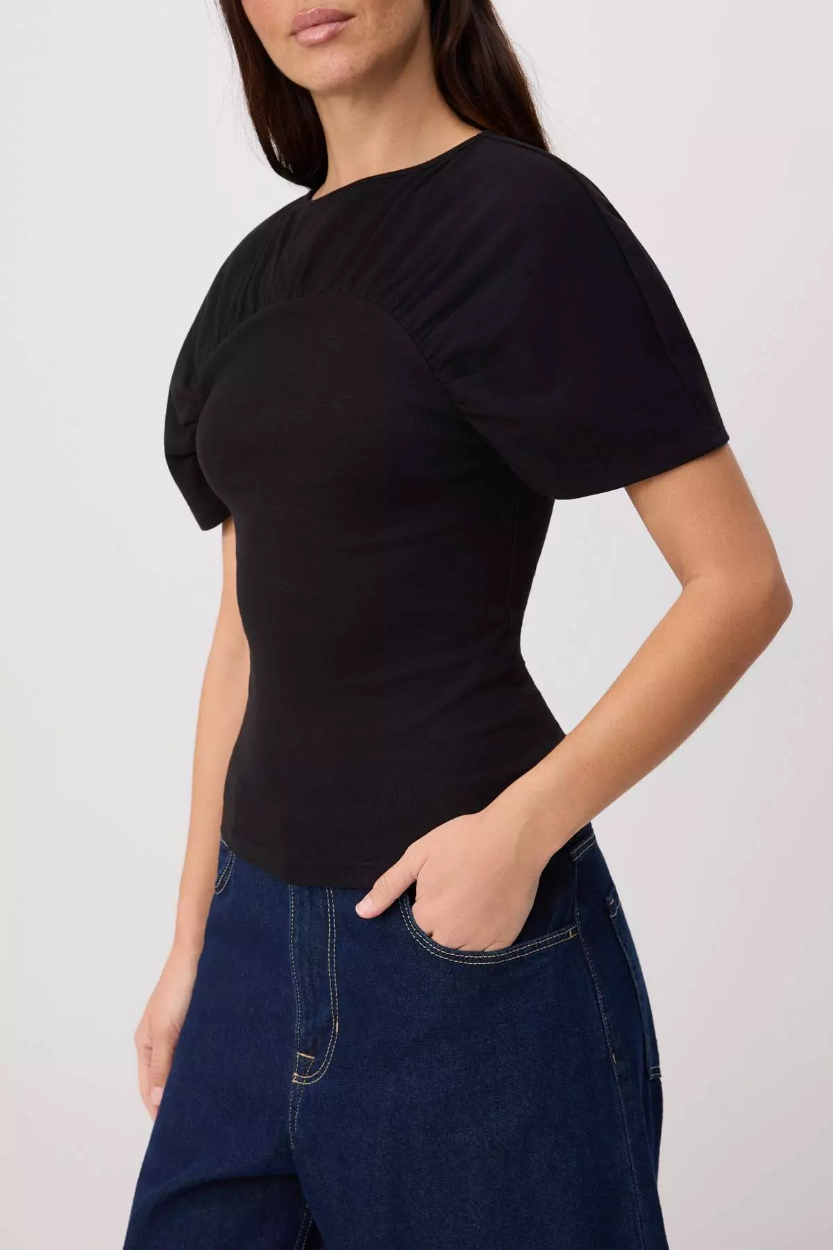 Black Fitted/Bodycon Boat Neck Short Sleeve 100% Cotton Knitted T-Shirt Twoss26Ts00264