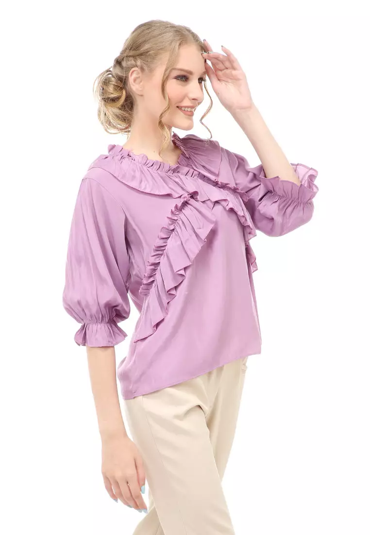 Cheva Blouse Atasan Kasual Wanita Long Sleeve Pita Depan Staylish Material Cotton ORIGINAL - Dark Purple