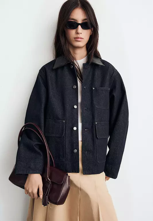 Denim Jacket With Leather-Effect Collar