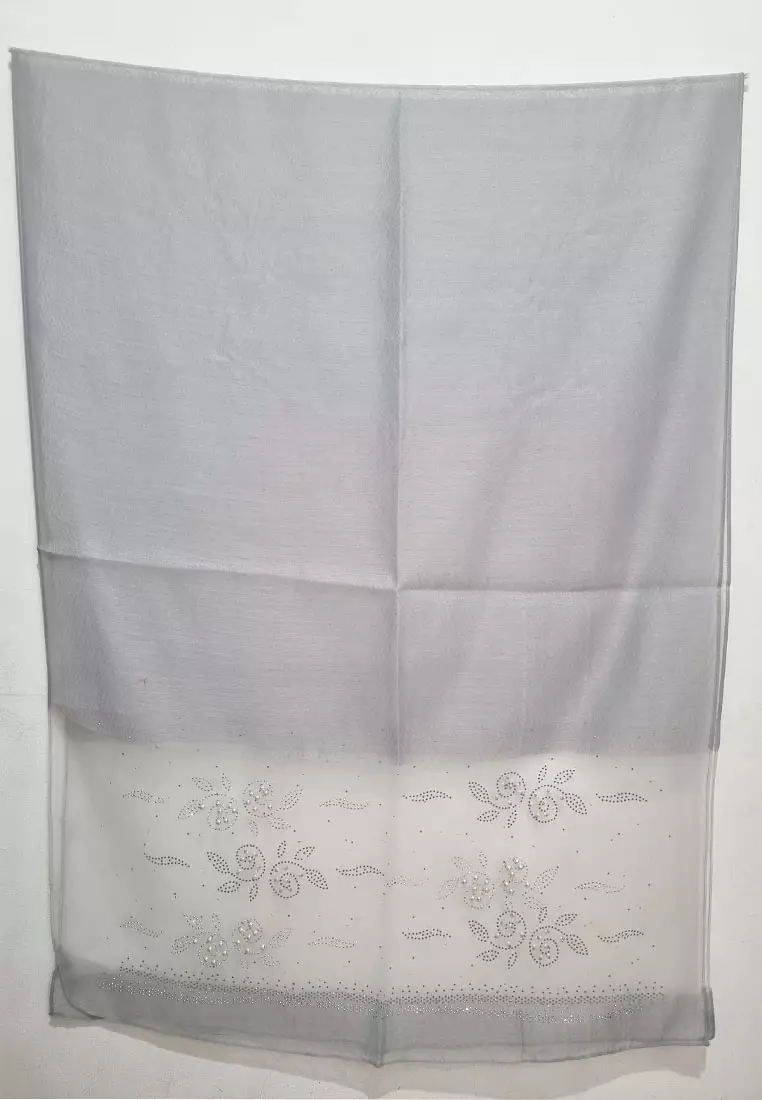 Aksesoris Syal Pesta Wanita Pearly Studs Embellish Floral Silk Shawl Syal Sutra Wanita Evening Shawl Silver