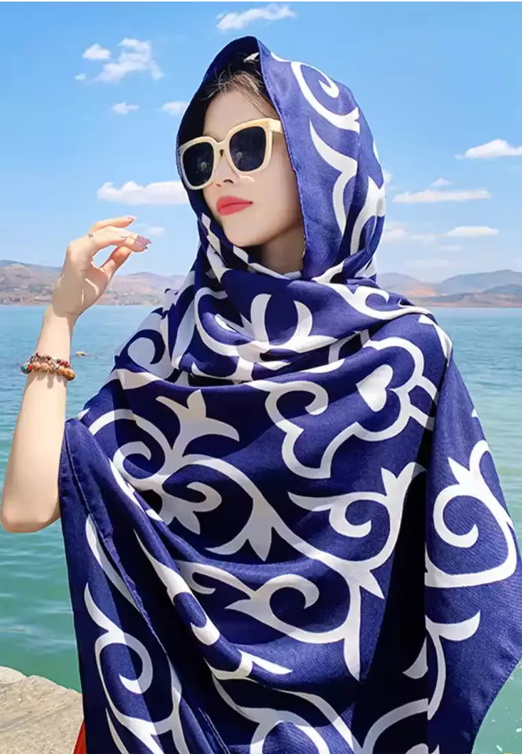 Aksesoris Wanita Boho Style Pattern Tassels Viscose Shawl Syal Wanita Blue