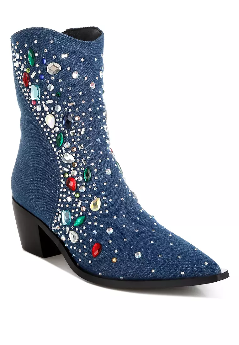 Multi Color Stones Embellished Boots in Dark Blue