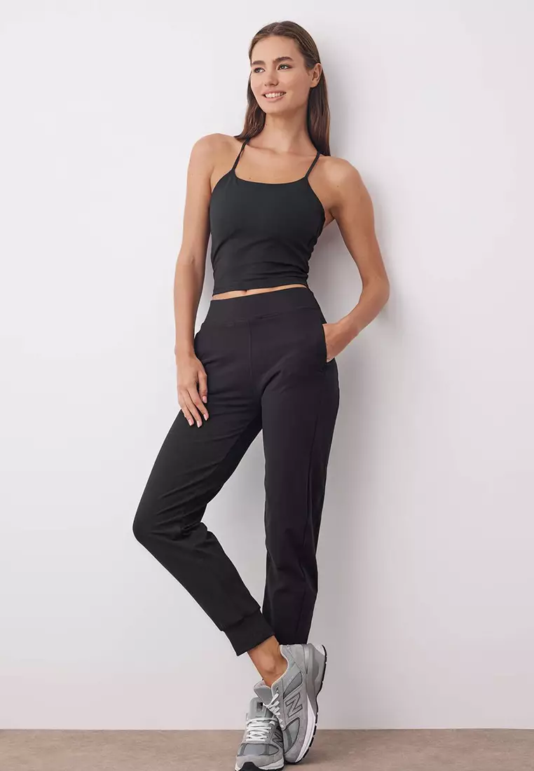 Black Brushed Soft Fabric Pocketed Sports Knitted Sweatpants