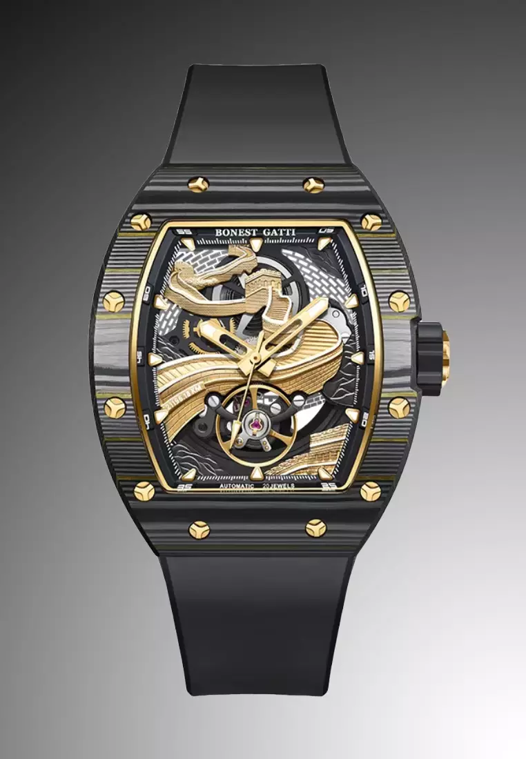 "Great Wall of China" Automatic Unisex Carbon Fiber Watch, Rubber Strap