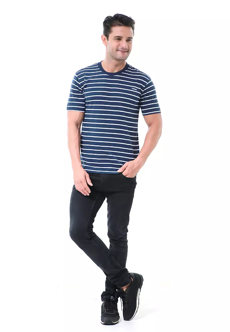 Aisley Kaos Pria Lengan Pendek Sweatshirt Kasual Stripe Motive Material Cotton ORIGINAL - Navy